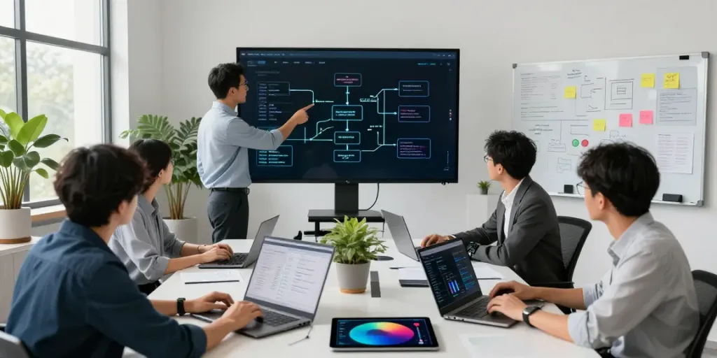 Team collaborating to develop Enterprise AI solutions in a bright modern office.